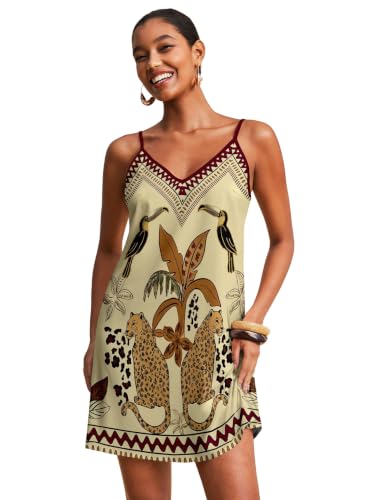 Image of RoseSeek Women's Summer Boho Floral Tropical Mini Dresses V Neck Spaghetti Strap Flowy Beach Vacation Sundress 2026