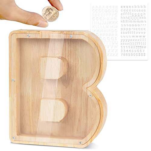 LEcylankEr Hucha para Niños, Huchas de Madera con Letras de A-Z, Personalizadas de Hucha con Transparente Decoración, Regalos Creativos de Huchas para Cumpleaños, Festivales (B) Cover