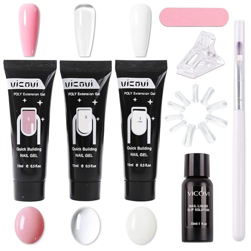 Gel constructor Polygel for extensiones de uñas de gel - Rosa, blanco, transparente con formas removibles - Kit de decoración de uñas 3D for principiantes