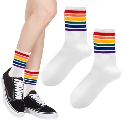 OHREN 1 Par de Calcetines Deportivos Unisex LGBTQ Orgullo Gay - Bandera Colorida Pride CSD Accesorios Arcoíris Regalos (Blanco, Arcoíris，Código medio)