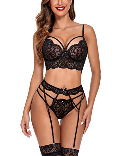 41 sN8ze4hL - Lucyme Conjunto de lencería de Mujer Ropa Interior Mujer Coqueta Sexy Babydoll Sujetador y Calzoncillos lencería Push up Panty Liguero Negro M
