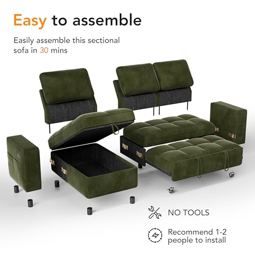 Image of Vipbear 81 inch Sectional Sleeper Sofa Bed with Pull Out Bed, L Shaped Couch Sleeper Sofa, Pull Out Couch with Reclining Backrest, Reversible Storage Chaise, USB Ports, Tool-Free Assembly, Green, Chenille