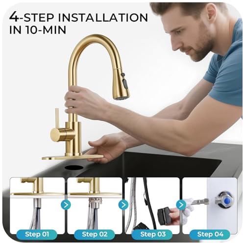 Image of Kitchen Faucet with Pull Down Sprayer - Brushed Gold Single Handle Kitchen Faucets, High Arc Stainless Steel Pull Out Kitchen Sink Faucet with Deck for RV Laundry Farmhouse Bar