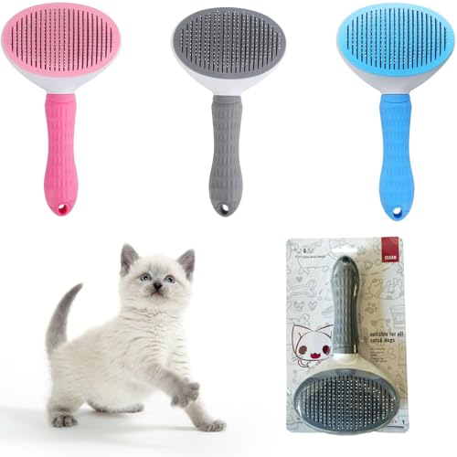 Image of Cat Brush with Release Button, For Indoor Cat Hair Removal, Self Cleaning Cat Comb Hair Brush for Indoor Cats, Pet Supplies Hair Remover Tool (White-Blue)
