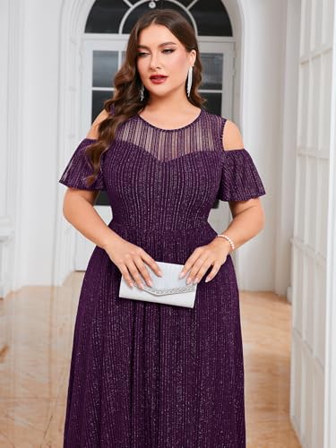 Image of ZOMVA Plus Size Sparkly Mesh Maxi Dress Cold Shoulder Ruffle Sleeve High Low A Line Dresses Wedding Guest Cocktail Party