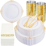 Nervure 350PCS Gold Plastic Dinnerware - White and Gold Disposable Plates for 50 Guests - 100 White Disposable Plates, 150 Plastic Silverware, 50 Cups, 50 Napkins for Wedding & Party & Independence