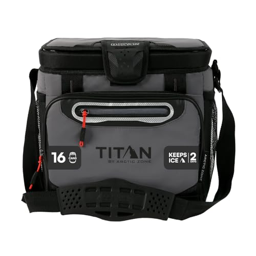Titan by Arctic Zone Zipperless Soft Sided Cooler with HardBody Liner and SmartShelf, Insulated Bag with Shoulder Strap for Lunch and Travel, 16 Can Capacity, Sharkskin Gray