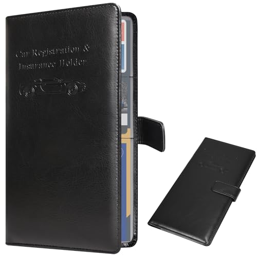 DMLuna Car Registration and Insurance Holder, Leather Vehicle Card Document Glove Box Organizer, Auto Truck Compartment Accessories for Essential Information, Driver License Cards - Black