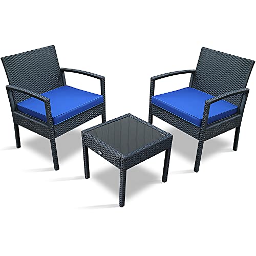 Patio Furniture Set 3 Piece, Outdoor Patio Furniture Sets, Porch Deck Furniture, Wicker Patio Chairs, Rattan Wicker Furniture, Blue