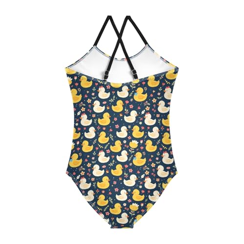 senya Girls Swimsuits One-Piece Swimwear Tie Bathing Suit Beach Summer Round Neck 9-10T Duck Flower Pattern2