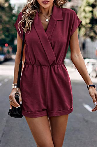 Prettygarden Women's Romper Dressy Summer 2023 Wrap V Neck Short Sleeve Wide Leg Shorts One Piece Jumpsuits (Wine Red,X-Large) #TOP1