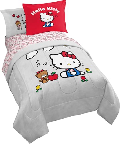 Jay Franco Sanrio Hello Kitty Twin Size Comforter Set - 5 Piece Red & Grey Bedding Includes Sheet Set & Pillow Covers - Super Soft Cozy Kawaii Bedding
