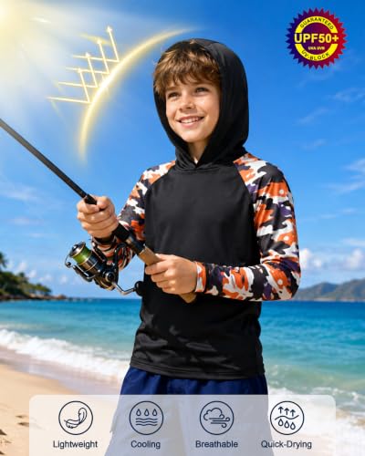 Image of Boys Rash Guard Swim Hoodie, Kids Long Sleeve Sun Fishing Shirts