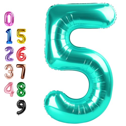 Image of Number Balloons Teal Blue 5 Balloon 40 inch for 5 Birthday Party Decoration | Saturated Color, Large 40 in, With Inflation Straw & Hanging Hole, Great for Men's Party, Back-To-School Season, Pool Party