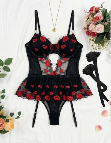 Image of Alrovetoney Women Lingerie Set Naughty Lace Bodysuit High Waisted Underwire Lingerie Babydoll With Garter Belt and Stockings