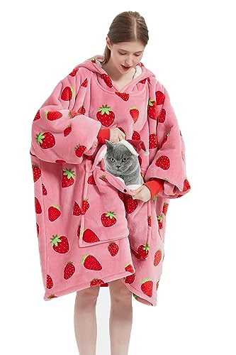 VERTAST Übergroße Hoodie Decken Sweatshirt, Super Warmer Dicke Sherpa Deckenpullover Blanket Hoodie Kuschelpullover für Damen Herren, Rosa Erdbeere