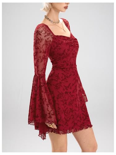 Image of WDIRARA Women's Floral Jacquard Gothic Bell Long Sleeve Dress | Mesh , A Line, Vintage