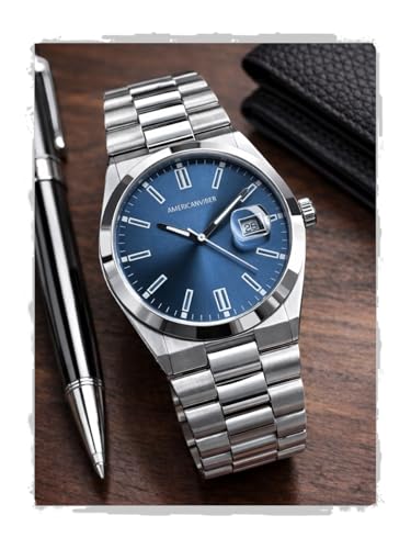 Image of AMERICANVIBER Men's Silver Stainless Steel Watch, Vibrant Green Sunburst Dial, Quartz Analog Movement, Date Display, Faceted Bezel for Men