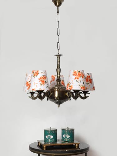 Image of Devansh 05 Lights Printed conical Cotton Shade with Antique Golden Chandelier -A