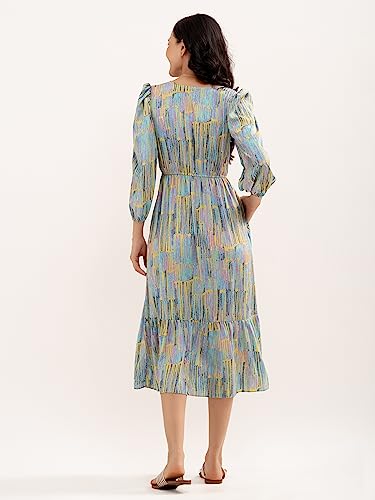 Image of AASK Abstract Printed Puff Sleeve Gathered Detailed Fit Flare Dress