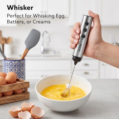 Image of AGARO Regency Rechargeable Milk Frother, 3-Speed Handheld Electric Whisk with Stainless Steel Cover, Portable Mixer for Coffee, Lattes, Hot Chocolates, Shakes & Egg, Home & Office Use, Stainless Steel