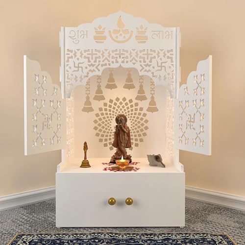 HAZDEAL OM Chakkra Wooden Floor Big Temple with Door & Spacious Shelf & Inbuilt Focus Light | Temple for Home (Size-18D*22.5W*38H inch)
