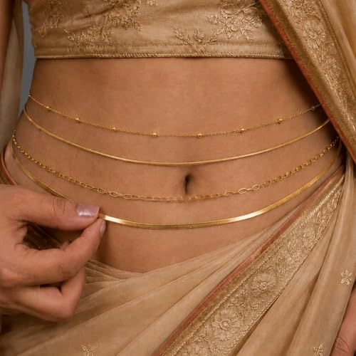 Image of VAMA FASHIONS 4 Pcs 18K Gold Plated Anti Tarnish Waterproof Waist Belly Chain Adjustable Hip Body Chains Kamarbandh Vaddanam Kamar Chain Combo for Women Girls