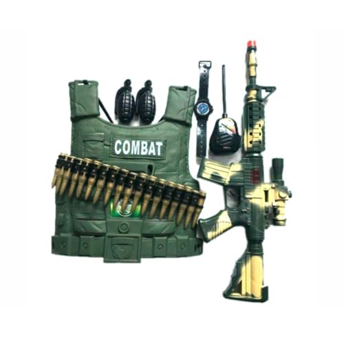 Kit Militar Infantil com Colete Combat, Rifle de Brinquedo e Acessórios, Verde Militar