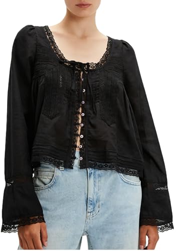 Image of Women Summer Sheer Tie Front Top Y2k Peplum Chiffon Blouse Eyelet Long Sleeve Flowy Lace Beach Cover Up Boho Tops