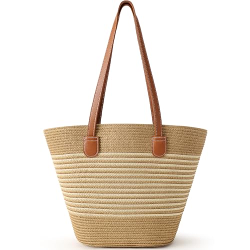 Trifabricy Beach Bags for Women, Summer Straw Beach Bag Straw Purse Woven Shoulder Handbags with Zipper Large Beach Tote Lightweight for Summer Vacation