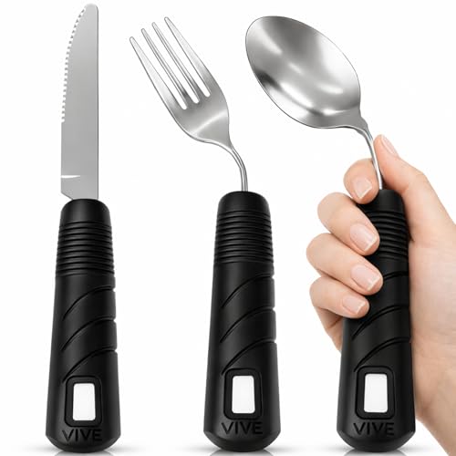 Vive Adaptive Utensil Set - Arthritis Aid Silverware for Parkinsons, Hand Tremors - Easy Grip for Shaking and Trembling Hands - Heavy Stainless Steel Spoon (Bendable)