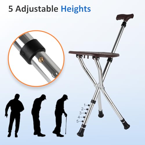 Image of Lightweight Folding Height Adjustable Cane Chair for Seniors | Supports up to 265 lbs weight, anti-slip base design, stable balance support, practical walking aid for elderly men
