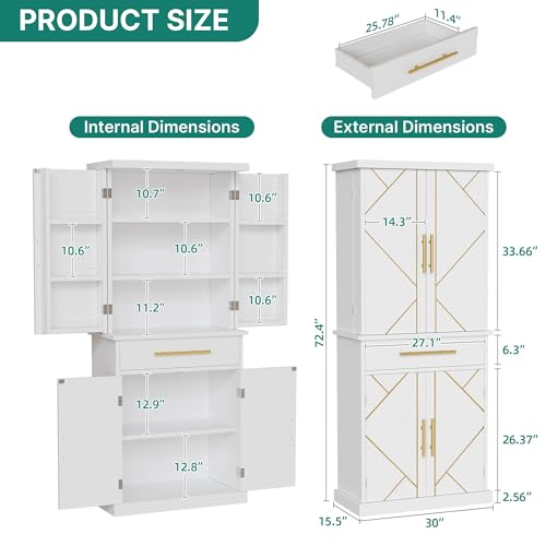DWVO Kitchen Pantry Cabinet, 72'' Tall Freestanding Buffet Cupboard Kitchen Storage Cabinet with Drawer & 6 Side Shelves, Food Pantries for Dining Room, Living Room, White