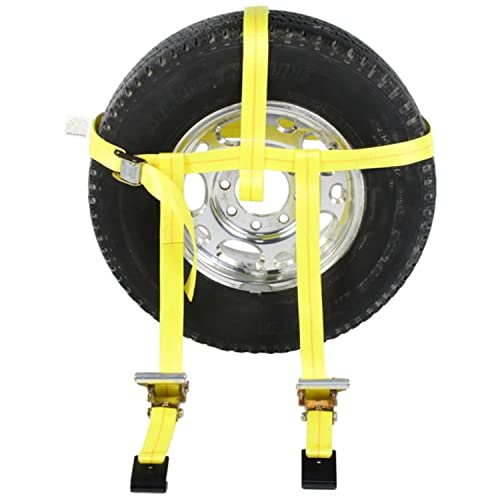 US Cargo Control Side Mount Wheel Net with Cam Buckle and Two Ratchets and Flat Hooks, Easy to Use Wheel Strap for Vehicle Tie Down Applications, Durable Polyester Webbing