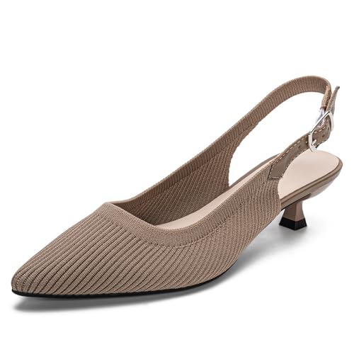 Image of youngshow Women's Slingback Kitten Heels for Work | Knit, Low Heels, Elastic Back Strap, Slip on, Pumps for Office, Wedding, Party