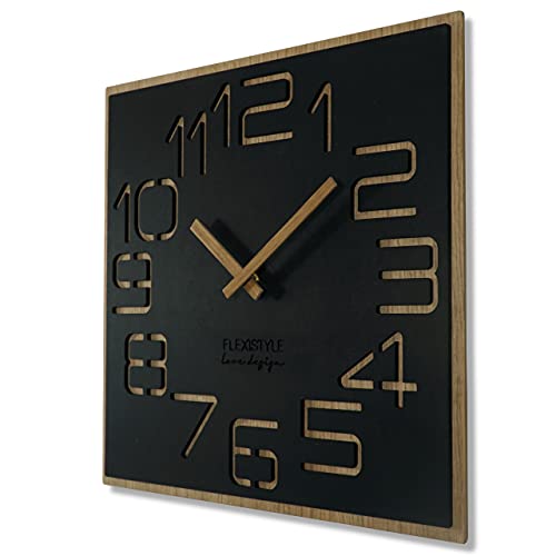 Wanduhr groß holzoptik Holz Digits ECO, quadratisch Stille, Wohnzimmer, Schlafzimmer , Made in EU (Schwarz, 40 cm) Cover