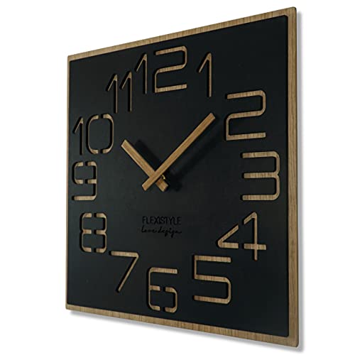 FLEXISTYLE Grande Horloge Murale en Bois Digits ECO, carré Silencieux, Salon, Chambre à Coucher, fabriqué en UE (Noir, 40 cm)