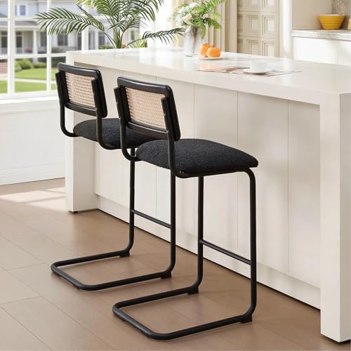 Image of Zesthouse Natural Rattan Counter Stools Set of 2, 30'' Mid Century Modern Counter Height Barstools with Solid Wood Back & Cane Mesh, Upholstered Black Boucle Bar Stools for Kitchen Island, Chrome Base
