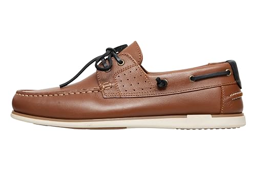 Zapatos de barco para hombre, de piel auténtica, mocasines planos con cordones de piel, en azul oscuro y marrón, 2 zapatos para barco de ojos, marrón, 41 EU Estrecho