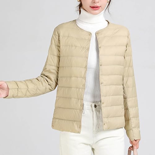 Women Ultra Lightweight Down Jacket Packable Collarless Button Down Quilted Short Puffer Parka Coats Outerwear Pocket2
