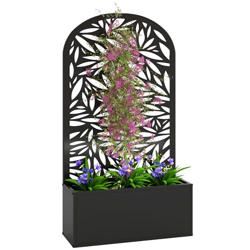 Outsunny Jardinière avec Treillis, bac à Fleurs en métal, lit surélevé avec Brise-Vue découpé en Feuilles, à Fixer au Mur ou au Sol, pour Plantes...