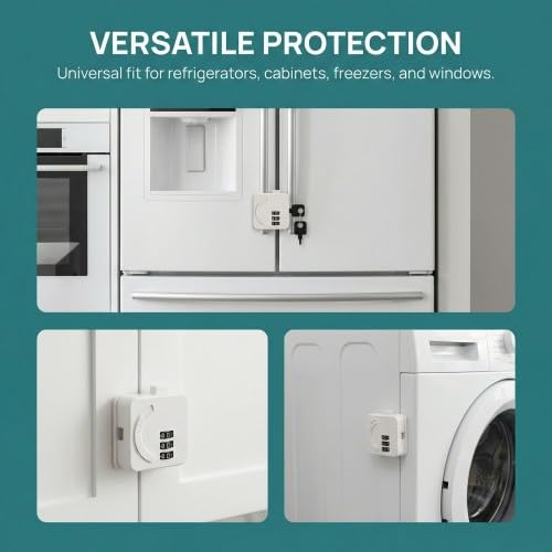 Fridge Lock with Code, No Drilling, Child Lock Cabinet and Drawer with Password, White (Pack of 1), Safety Latch for Fridge, Freezer, Drawers, Windows, Washing Machine