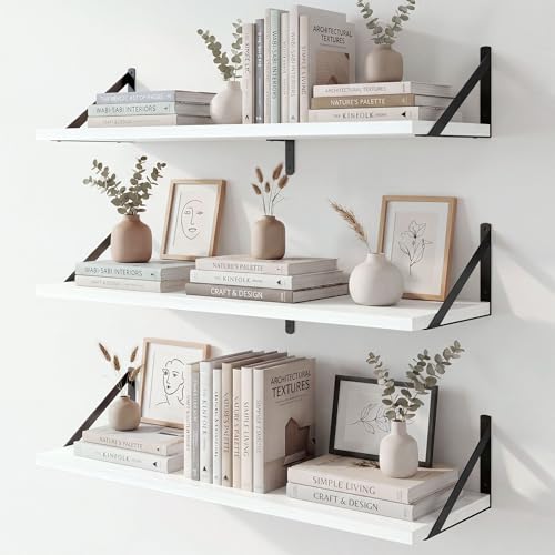 Fun Memories Floating Shelves, 32 x 8 Inches, Set of 3 Wall-Mounted Bookshelves with Metal Brackets, Decorative Storage for Home and Office (White)