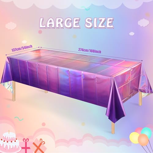 Image of 3 Pack Ombre Iridescent Pink and Purple Plastic Tablecloths, Shiny Disposable Laser Rectangle Table Covers Holographic Foil Tablecloth Iridescent Party Decoration Birthday Bridal Wedding, 54x108 Inch
