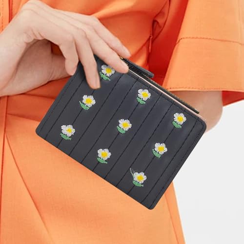 Small Wallets for Women, Bifold Embroidered Flowers Card Holder with Coin Pocket Card Slots ID Window Coin Purse (Black)