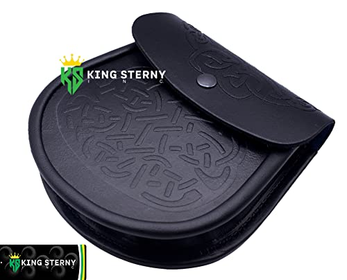 Men's Scottish Kilt Black Leather Sporran with Chain & Belt Celtic Design Double Embossed2