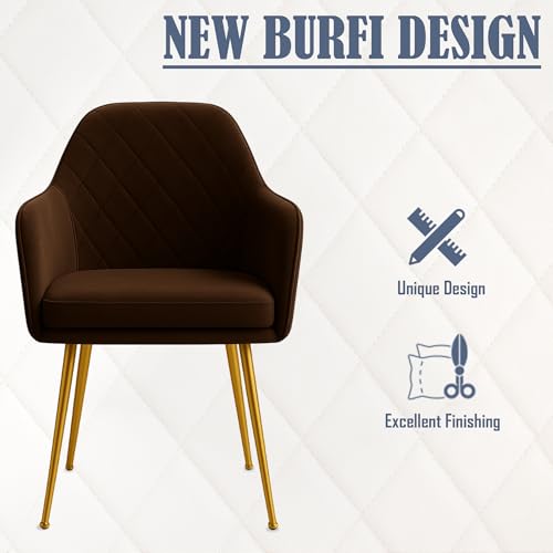 Image of Barfi Velvet Dining Chair | Premium Modern Upholstered Accent Chair with Armrest, Padded Seat and Metal Legs | Comfy Chair for Home, Office & Restaurents (Dark Brown)