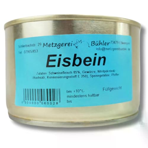 Eisbein in Aspik Dosenwurst aus 85 Prozent Schweinefleisch traditionelle Hausmacher Wurstkonserve lange haltbar deutsches Dosenfleisch von Metzgerei Bühler 400g (300 g, 300, gramm)