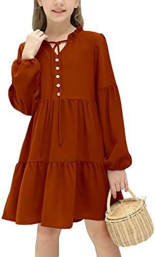 simtuor Girls' Long Sleeve Dress Ruffle Collar V Neck Button-Down Solid Casual A-Line Midi Dresses Orange