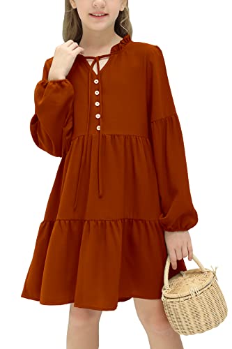Simtuor Girls' Long Sleeve Dress Ruffle Collar V Neck Button-Down Solid Casual A-Line Midi Dresses Orange #TOP1